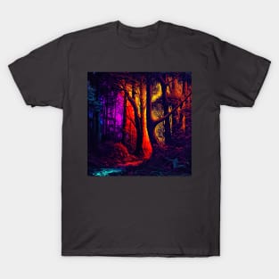 Abstract art of forest lit with psychedelic vibrant colors T-Shirt